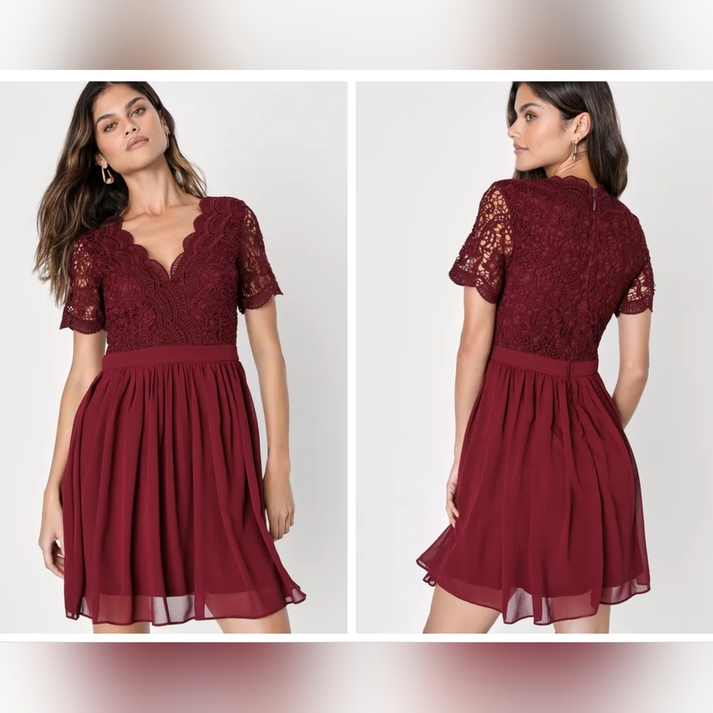 Lulus NWT, Angel in Disguise, Burgundy Lace, Skater Dress, Size Large